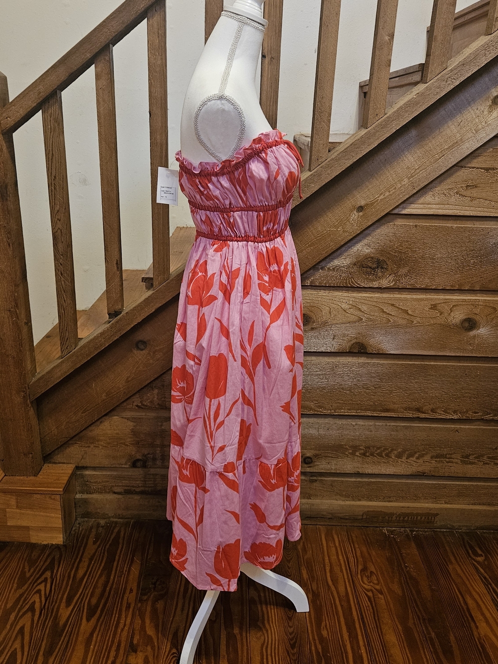 Smocked Strapless Pink Dress with Red Floral Print - Picture 7 of 9